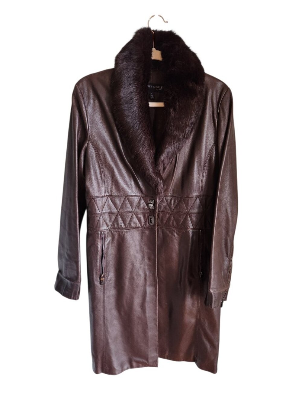 Kenneth Cole Leather Coat Large Brown Women's Fur Collar Pockets Jacket Vintage